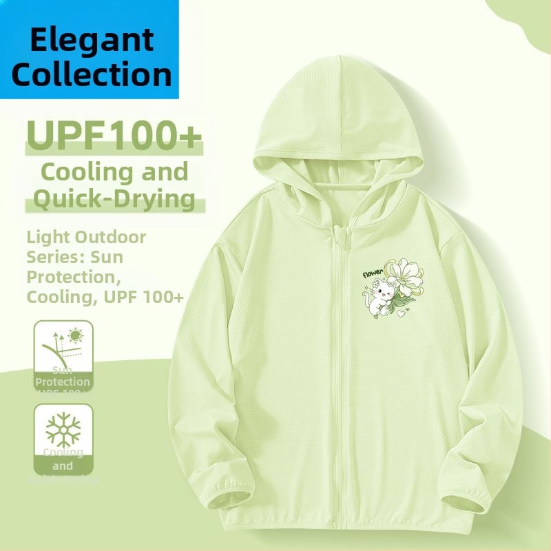 Lányoknak szóló nyári napvédő kabát, ice silk anyag, 160 g/m², 95% poliészter, kapucnival, lélegző