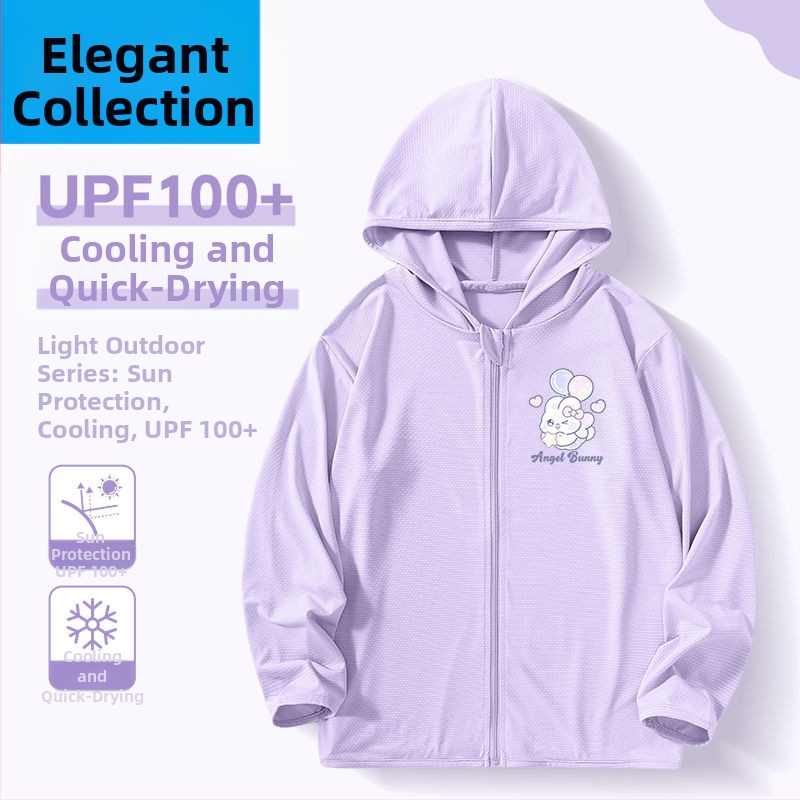 Mergaitėms skirta vasaros saulės apsaugos striukė, ice silk audinys, 160 g/m², 95% poliesteris, su gobtuvu, kvėpuojanti