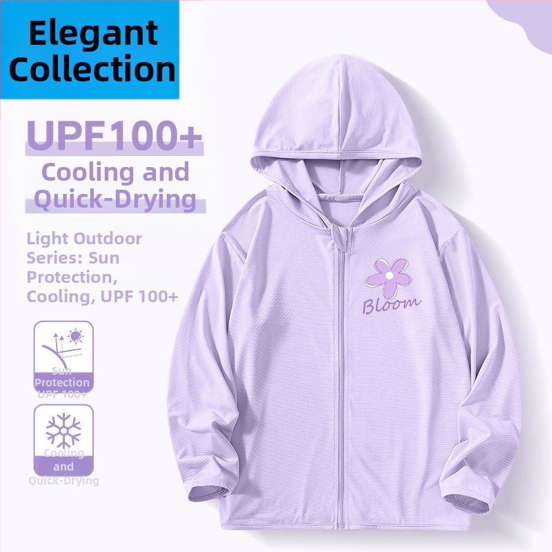 Mergaitėms skirta vasaros saulės apsaugos striukė, ice silk audinys, 160 g/m², 95% poliesteris, su gobtuvu, kvėpuojanti