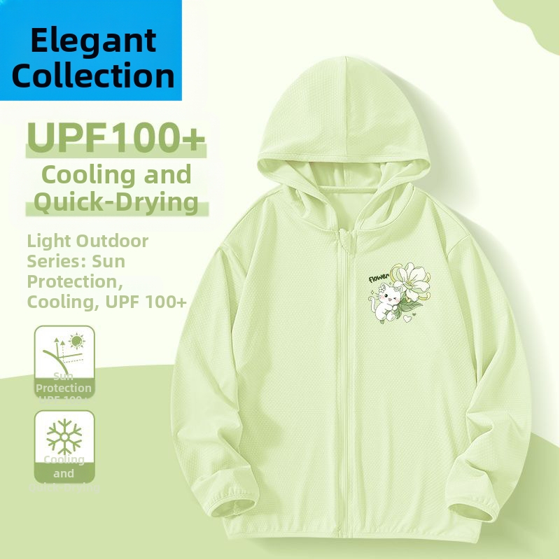 Mergaitėms skirta vasaros saulės apsaugos striukė, ice silk audinys, 160 g/m², 95% poliesteris, su gobtuvu, kvėpuojanti