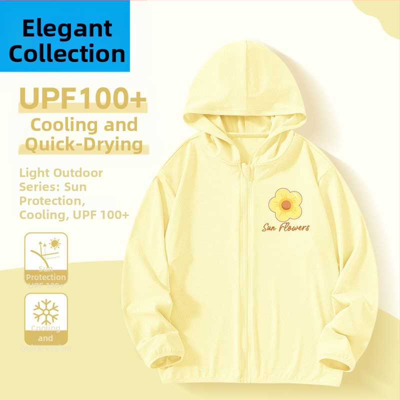 Mergaitėms skirta vasaros saulės apsaugos striukė, ice silk audinys, 160 g/m², 95% poliesteris, su gobtuvu, kvėpuojanti