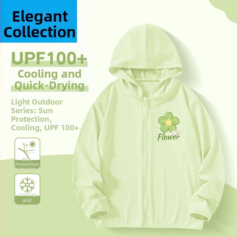 Mergaitėms skirta vasaros saulės apsaugos striukė, ice silk audinys, 160 g/m², 95% poliesteris, su gobtuvu, kvėpuojanti