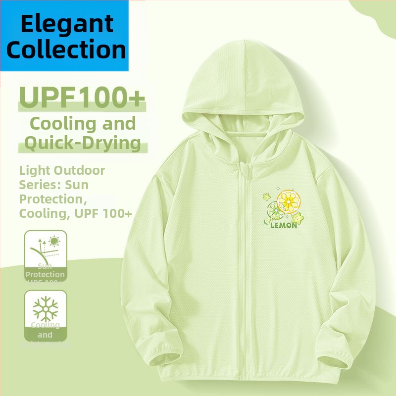 Mergaitėms skirta vasaros saulės apsaugos striukė, ice silk audinys, 160 g/m², 95% poliesteris, su gobtuvu, kvėpuojanti