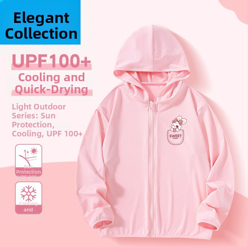 Mergaitėms skirta vasaros saulės apsaugos striukė, ice silk audinys, 160 g/m², 95% poliesteris, su gobtuvu, kvėpuojanti