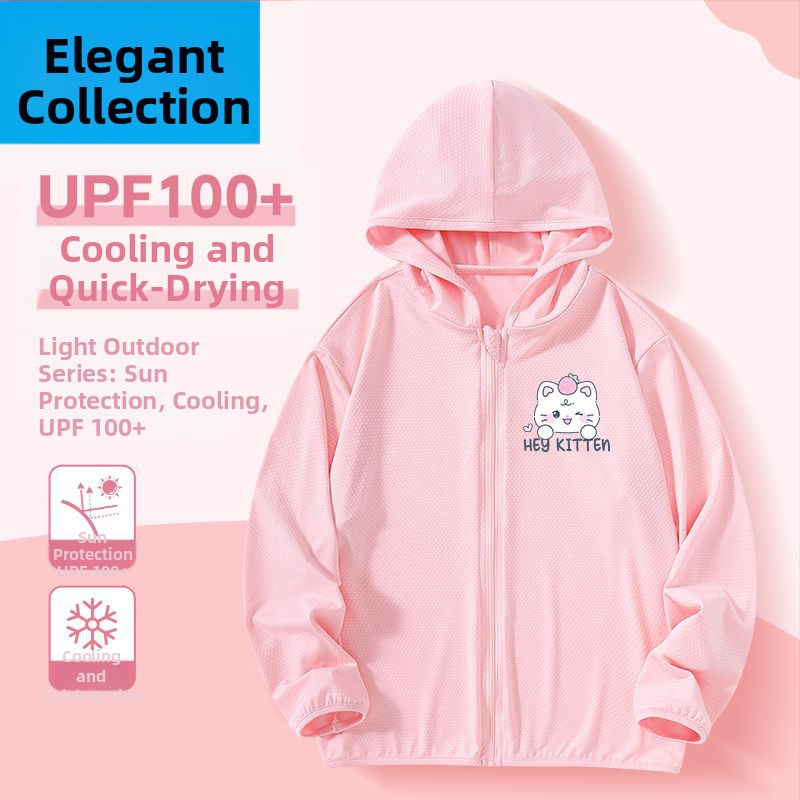 Mergaitėms skirta vasaros saulės apsaugos striukė, ice silk audinys, 160 g/m², 95% poliesteris, su gobtuvu, kvėpuojanti