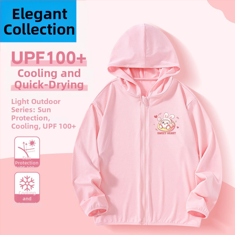 Mergaitėms skirta vasaros saulės apsaugos striukė, ice silk audinys, 160 g/m², 95% poliesteris, su gobtuvu, kvėpuojanti