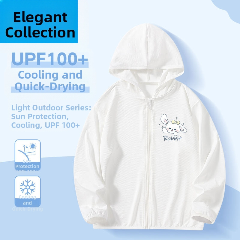 Mergaitėms skirta vasaros saulės apsaugos striukė, ice silk audinys, 160 g/m², 95% poliesteris, su gobtuvu, kvėpuojanti