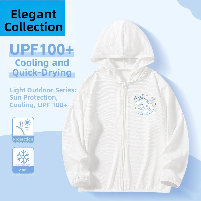 Mergaitėms skirta vasaros saulės apsaugos striukė, ice silk audinys, 160 g/m², 95% poliesteris, su gobtuvu, kvėpuojanti