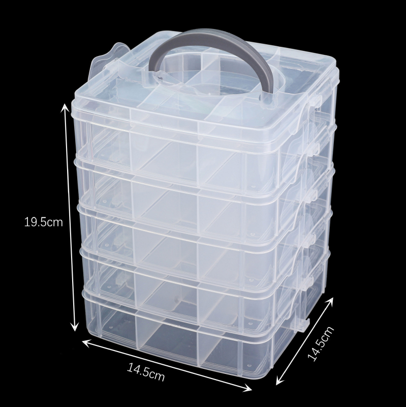 Skaidra plastikinė daugiasluoksnė papuošalų laikymo dėžutė su nuimamomis skyrimis ausims ir žiedams