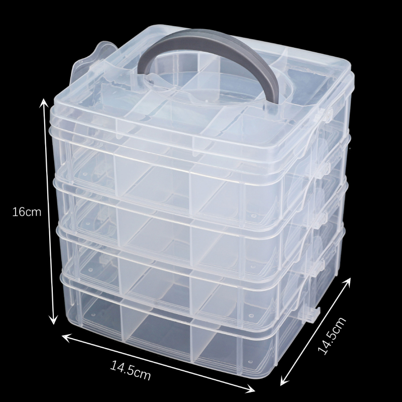 Skaidra plastikinė daugiasluoksnė papuošalų laikymo dėžutė su nuimamomis skyrimis ausims ir žiedams
