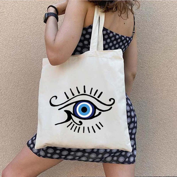 Drobės tote krepšys pirkiniams su Graffiti Greek Evil Eye atspaudu, pritaikomas, šilumos pernešimo spausdinimas, svoris 130-140 g