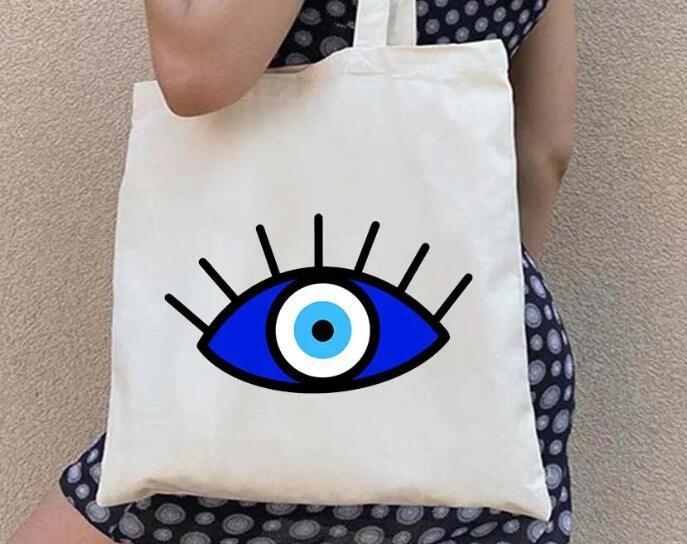 Drobės tote krepšys pirkiniams su Graffiti Greek Evil Eye atspaudu, pritaikomas, šilumos pernešimo spausdinimas, svoris 130-140 g