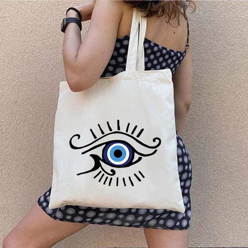 Drobės tote krepšys pirkiniams su Graffiti Greek Evil Eye atspaudu, pritaikomas, šilumos pernešimo spausdinimas, svoris 130-140 g