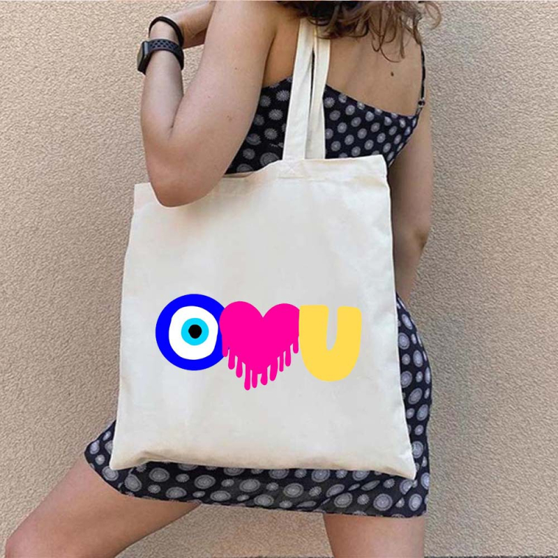 Drobės tote krepšys pirkiniams su Graffiti Greek Evil Eye atspaudu, pritaikomas, šilumos pernešimo spausdinimas, svoris 130-140 g