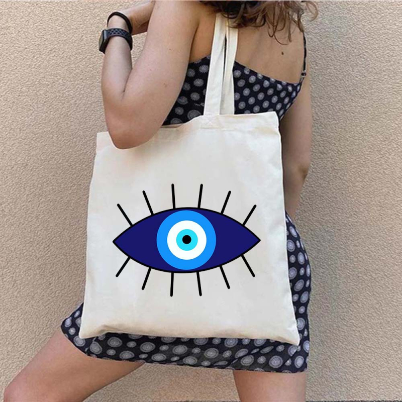 Drobės tote krepšys pirkiniams su Graffiti Greek Evil Eye atspaudu, pritaikomas, šilumos pernešimo spausdinimas, svoris 130-140 g