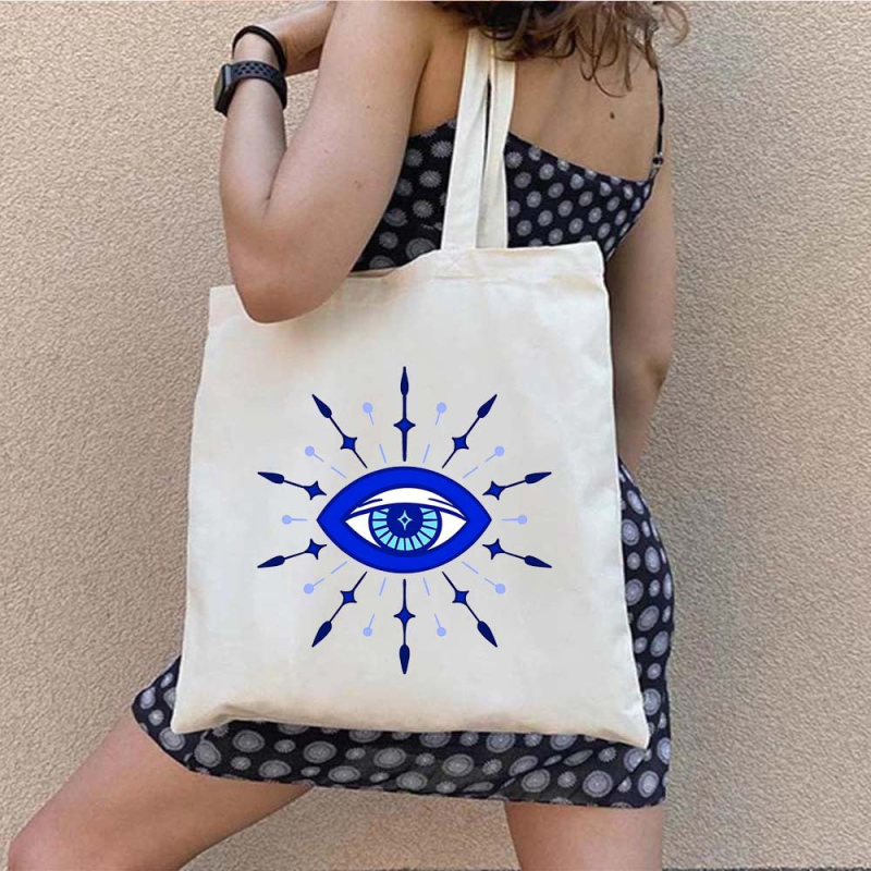 Drobės tote krepšys pirkiniams su Graffiti Greek Evil Eye atspaudu, pritaikomas, šilumos pernešimo spausdinimas, svoris 130-140 g