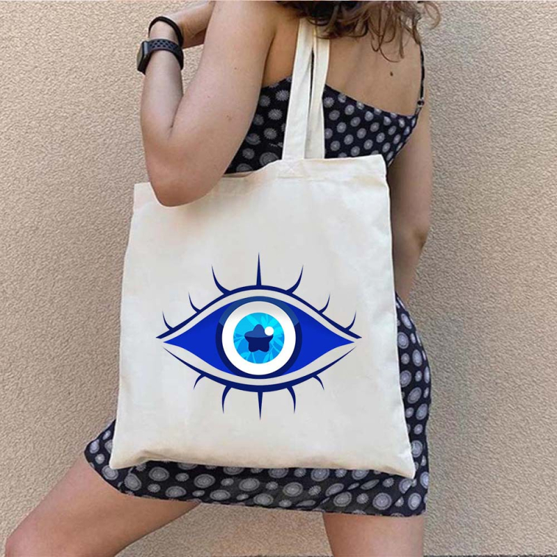 Drobės tote krepšys pirkiniams su Graffiti Greek Evil Eye atspaudu, pritaikomas, šilumos pernešimo spausdinimas, svoris 130-140 g