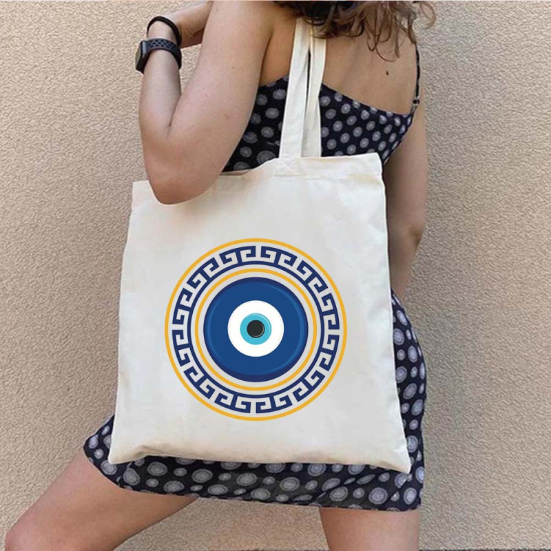 Drobės tote krepšys pirkiniams su Graffiti Greek Evil Eye atspaudu, pritaikomas, šilumos pernešimo spausdinimas, svoris 130-140 g