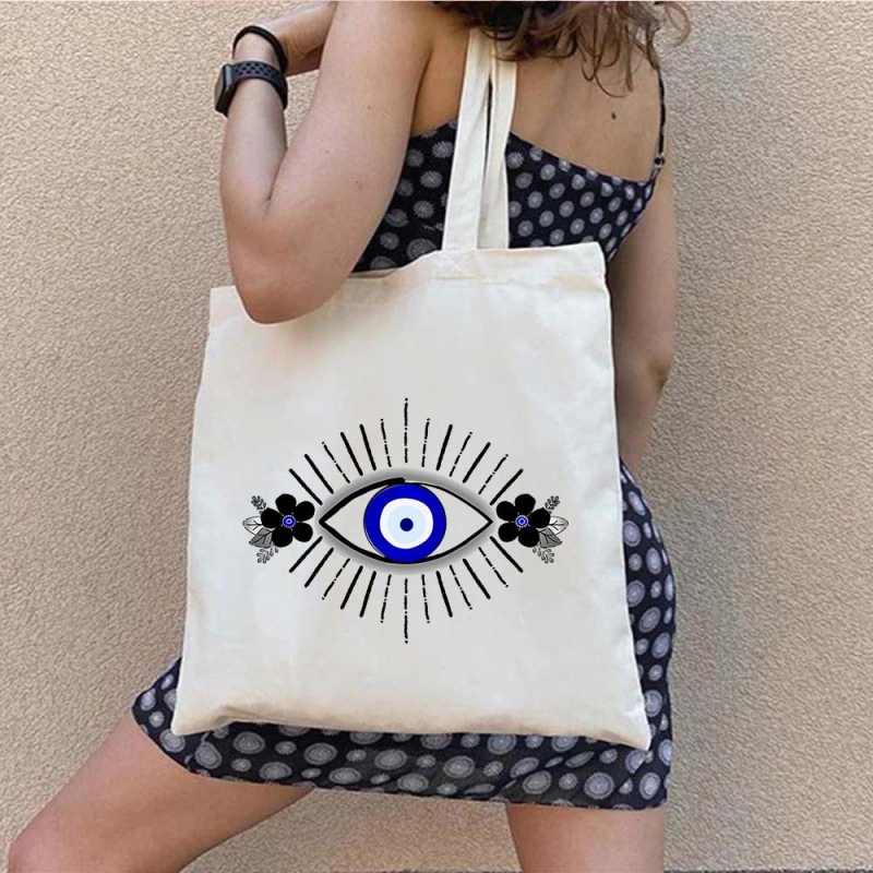 Drobės tote krepšys pirkiniams su Graffiti Greek Evil Eye atspaudu, pritaikomas, šilumos pernešimo spausdinimas, svoris 130-140 g