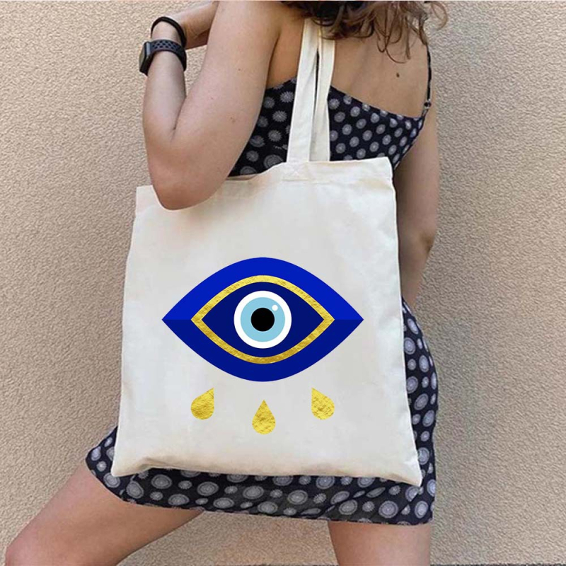 Drobės tote krepšys pirkiniams su Graffiti Greek Evil Eye atspaudu, pritaikomas, šilumos pernešimo spausdinimas, svoris 130-140 g