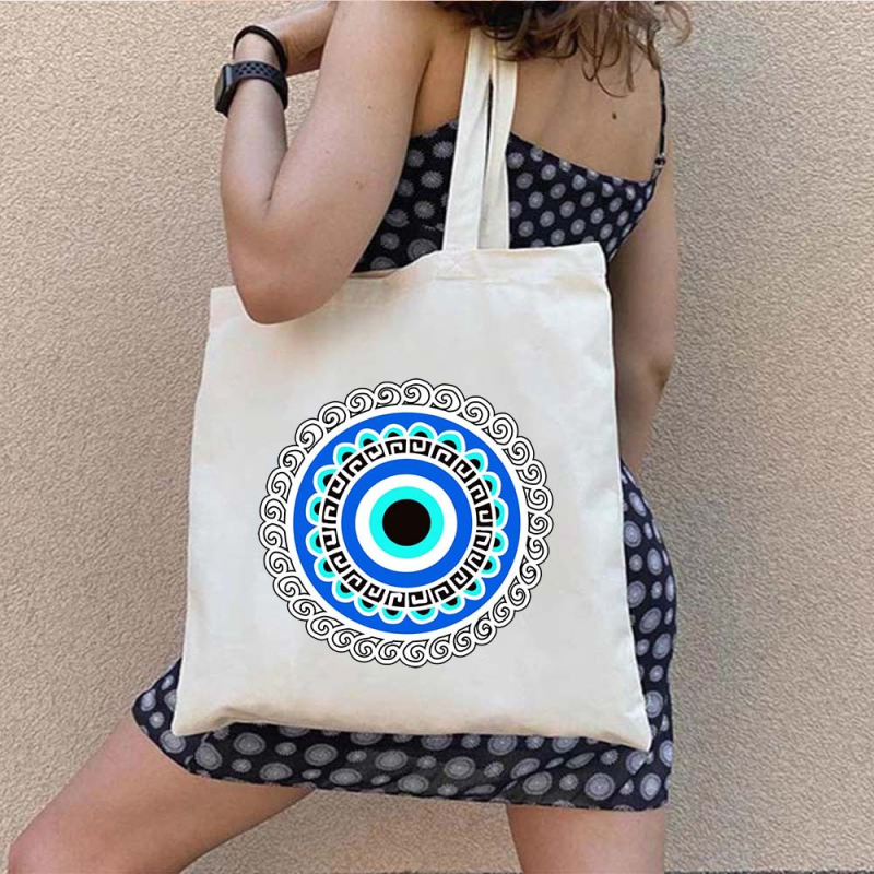 Drobės tote krepšys pirkiniams su Graffiti Greek Evil Eye atspaudu, pritaikomas, šilumos pernešimo spausdinimas, svoris 130-140 g