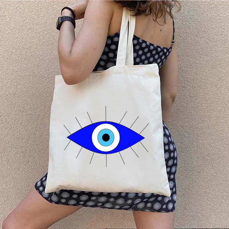 Drobės tote krepšys pirkiniams su Graffiti Greek Evil Eye atspaudu, pritaikomas, šilumos pernešimo spausdinimas, svoris 130-140 g