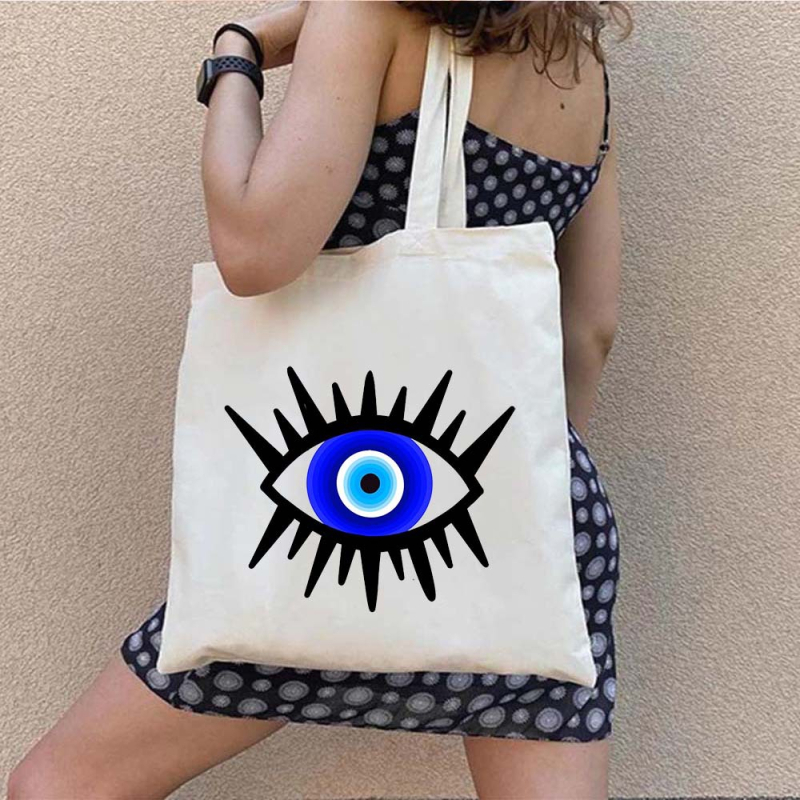 Drobės tote krepšys pirkiniams su Graffiti Greek Evil Eye atspaudu, pritaikomas, šilumos pernešimo spausdinimas, svoris 130-140 g