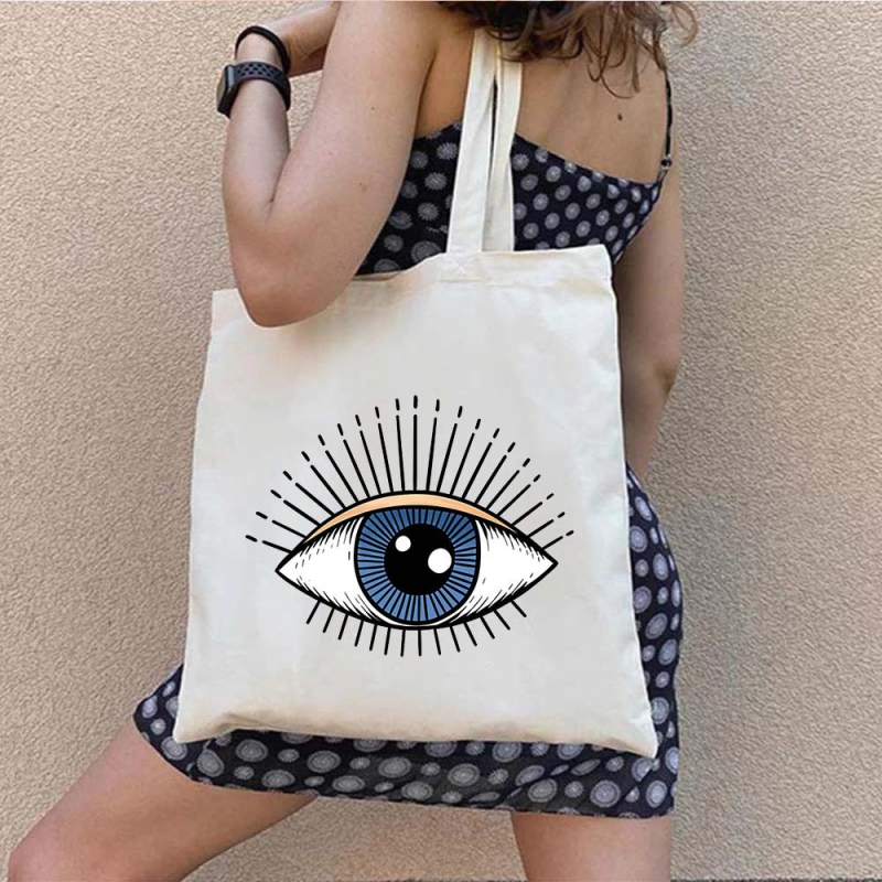 Drobės tote krepšys pirkiniams su Graffiti Greek Evil Eye atspaudu, pritaikomas, šilumos pernešimo spausdinimas, svoris 130-140 g