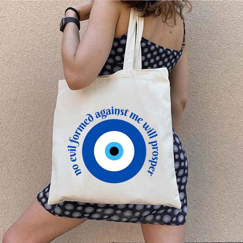 Drobės tote krepšys pirkiniams su Graffiti Greek Evil Eye atspaudu, pritaikomas, šilumos pernešimo spausdinimas, svoris 130-140 g