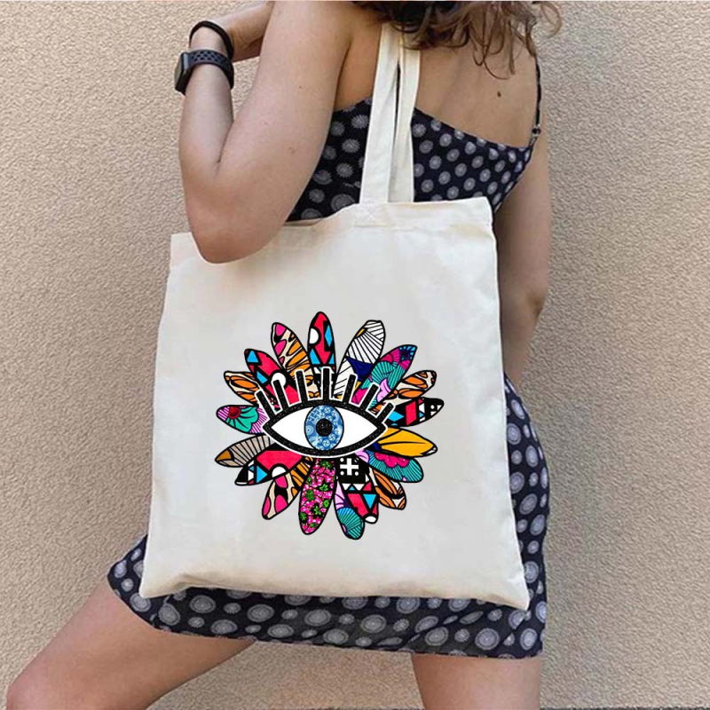 Drobės tote krepšys pirkiniams su Graffiti Greek Evil Eye atspaudu, pritaikomas, šilumos pernešimo spausdinimas, svoris 130-140 g