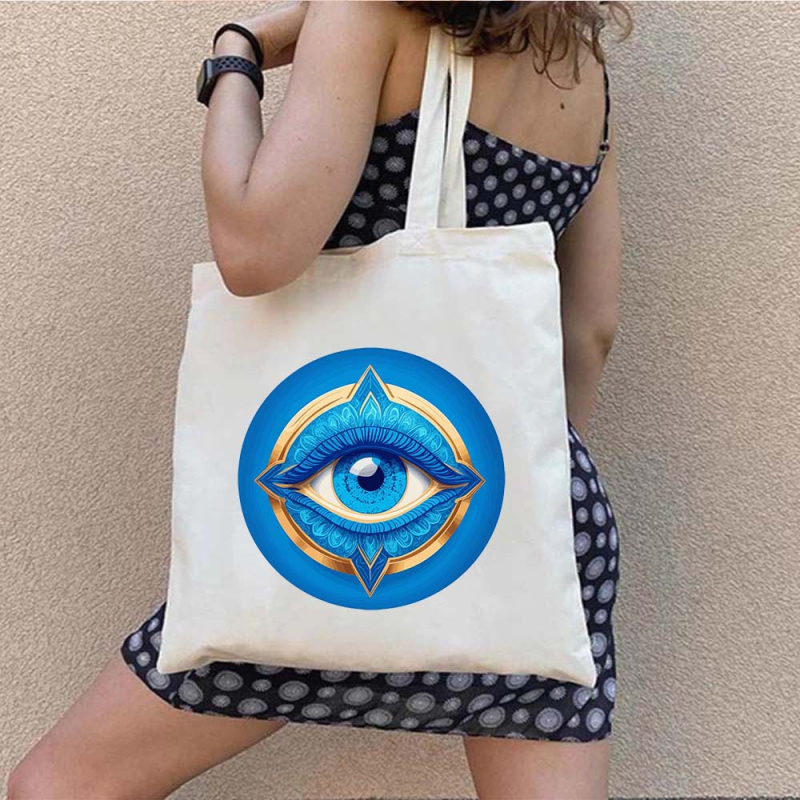 Drobės tote krepšys pirkiniams su Graffiti Greek Evil Eye atspaudu, pritaikomas, šilumos pernešimo spausdinimas, svoris 130-140 g