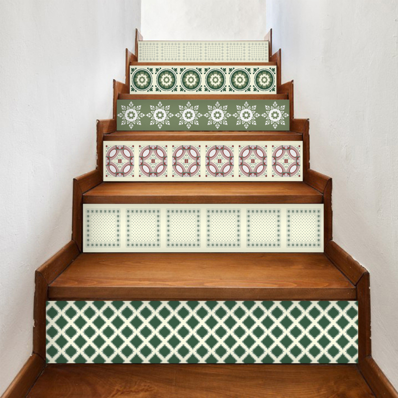 Charm Set Autocolante pentru scări – autocolante autoadezive, impermeabile, gradient geometric floral cu textură lemnoasă, PVC