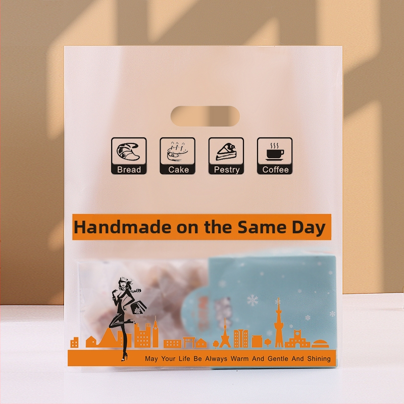 Прозрачна пластмасова опаковъчна торбичка за сладкарски изделия и за доставка, с отпечатано лого