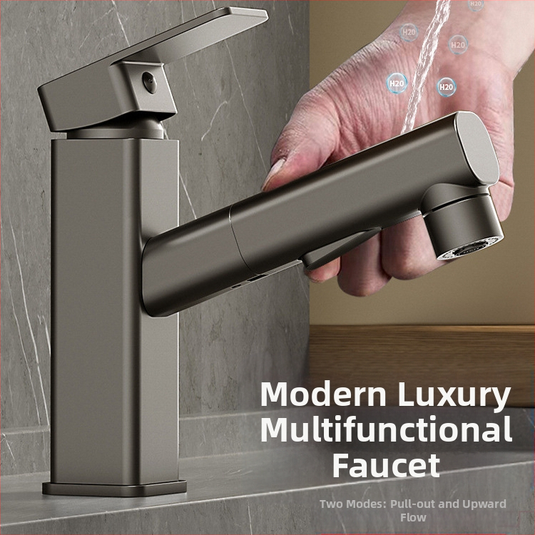 Varinis praustuvo čiaupas, dvigubo jungimo konstrukcija, atidarymas su rakteliu, keraminis vožtuvo šerdis, šiuolaikinis minimalistinis stilius