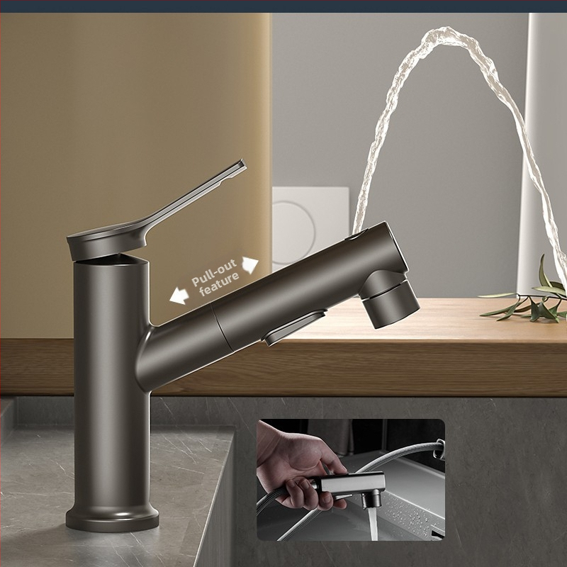 Varinis praustuvo čiaupas, dvigubo jungimo konstrukcija, atidarymas su rakteliu, keraminis vožtuvo šerdis, šiuolaikinis minimalistinis stilius