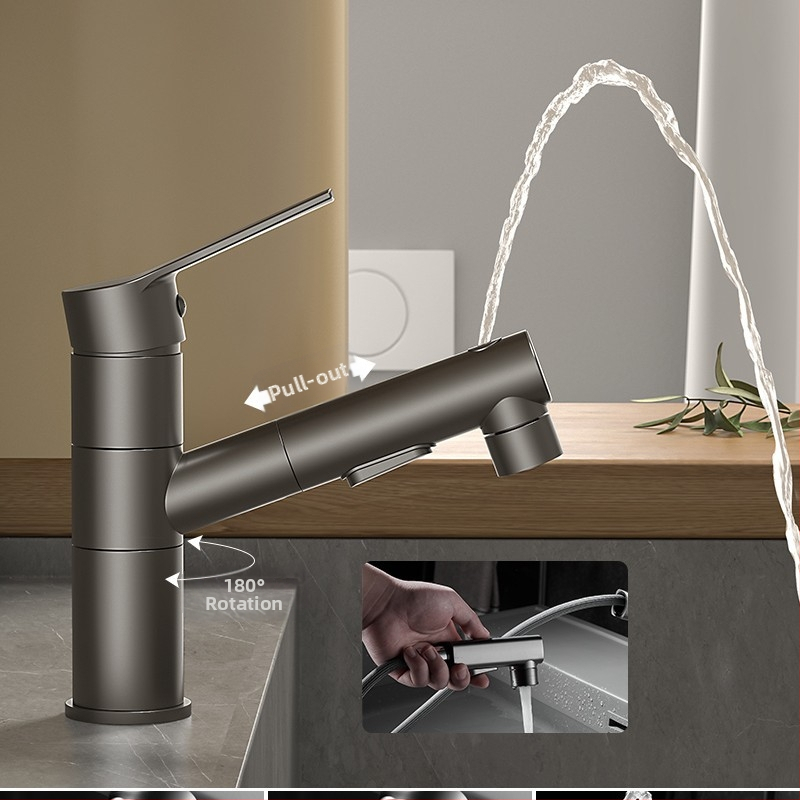 Varinis praustuvo čiaupas, dvigubo jungimo konstrukcija, atidarymas su rakteliu, keraminis vožtuvo šerdis, šiuolaikinis minimalistinis stilius