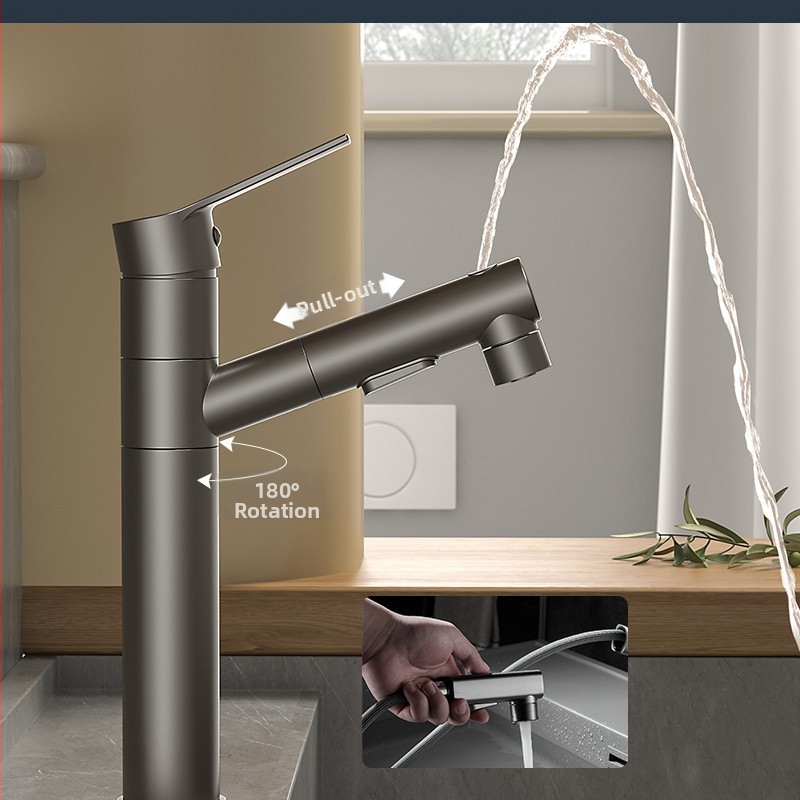 Varinis praustuvo čiaupas, dvigubo jungimo konstrukcija, atidarymas su rakteliu, keraminis vožtuvo šerdis, šiuolaikinis minimalistinis stilius