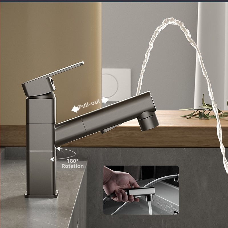 Varinis praustuvo čiaupas, dvigubo jungimo konstrukcija, atidarymas su rakteliu, keraminis vožtuvo šerdis, šiuolaikinis minimalistinis stilius