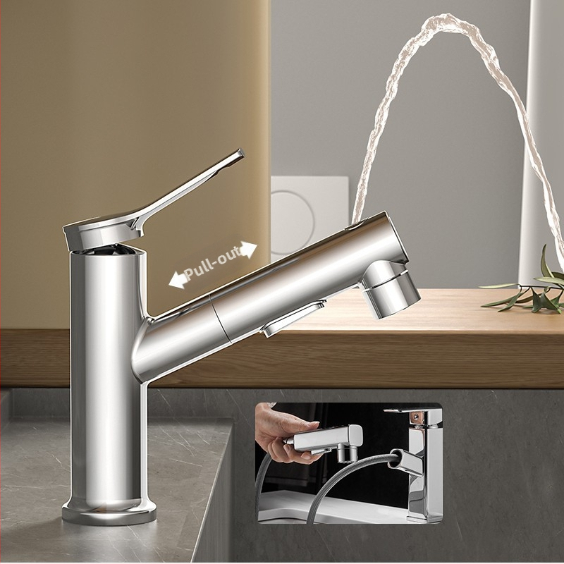 Varinis praustuvo čiaupas, dvigubo jungimo konstrukcija, atidarymas su rakteliu, keraminis vožtuvo šerdis, šiuolaikinis minimalistinis stilius