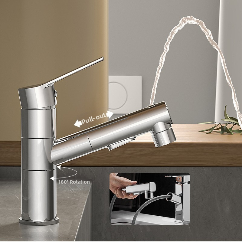 Varinis praustuvo čiaupas, dvigubo jungimo konstrukcija, atidarymas su rakteliu, keraminis vožtuvo šerdis, šiuolaikinis minimalistinis stilius