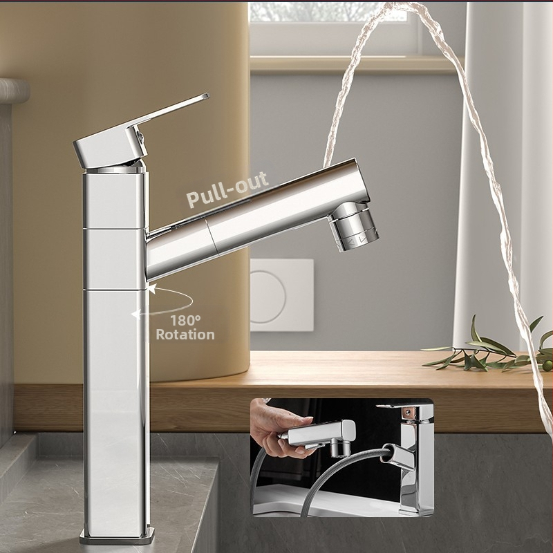 Varinis praustuvo čiaupas, dvigubo jungimo konstrukcija, atidarymas su rakteliu, keraminis vožtuvo šerdis, šiuolaikinis minimalistinis stilius