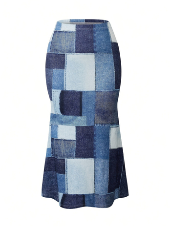 Asimetrinis ilgas sijonas su aukštu liemeniu, patchwork langinis raštas, poliesteris 95%+, mikroelastinė, pavasaris 2025