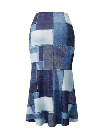 Asimetrinis ilgas sijonas su aukštu liemeniu, patchwork langinis raštas, poliesteris 95%+, mikroelastinė, pavasaris 2025