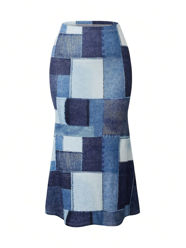 Asimetrinis ilgas sijonas su aukštu liemeniu, patchwork langinis raštas, poliesteris 95%+, mikroelastinė, pavasaris 2025