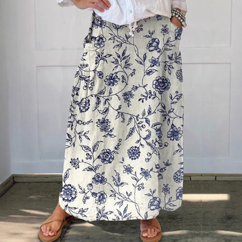 А‑линия пола с флорален принт, средна дължина, плат: лен имитация на бамбук, 95% полиестер, стил: елегантен градски