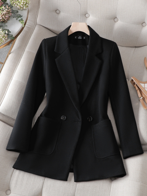 Дамско сако с тесен силует, двойно закопчаване, полиестер-еластан, дълги ръкави, дължина 50–65 см