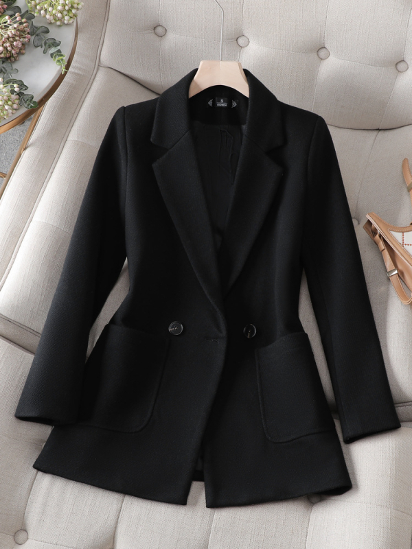 Дамско сако с тесен силует, двойно закопчаване, полиестер-еластан, дълги ръкави, дължина 50–65 см