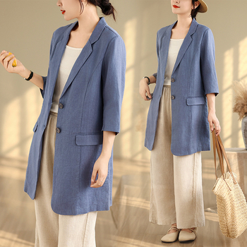 Γυναικείος μπλέιζερ από βαμβάκι-λινό, Slim Fit, Mid-Length, Γιακάς σακάκι, Five-Quarter Sleeves