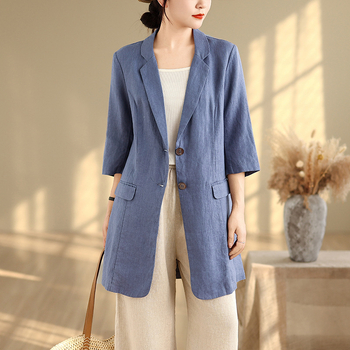 Γυναικείος μπλέιζερ από βαμβάκι-λινό, Slim Fit, Mid-Length, Γιακάς σακάκι, Five-Quarter Sleeves
