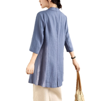 Γυναικείος μπλέιζερ από βαμβάκι-λινό, Slim Fit, Mid-Length, Γιακάς σακάκι, Five-Quarter Sleeves